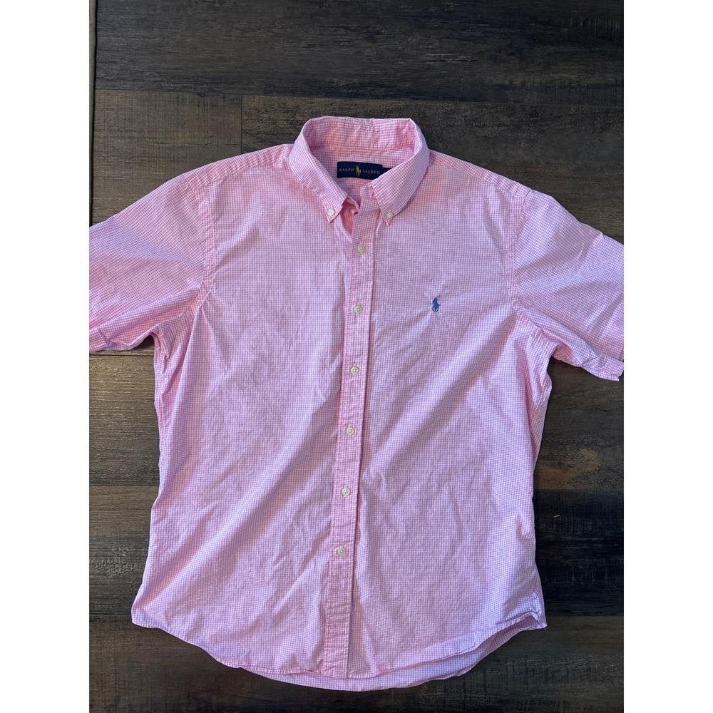 Ralph Lauren Mens Pink Gingham Short Sleeve Button Down Shirt Large Pony Logo
